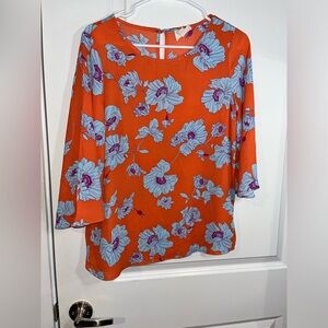 Everly Orange Baby Blue Spring Poppy Floral All Over Print Blouse Size Small